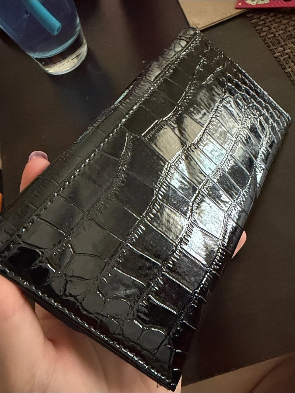 Black Faux Croc-Embossed Wallet Clutch with Crystal Heart Accent